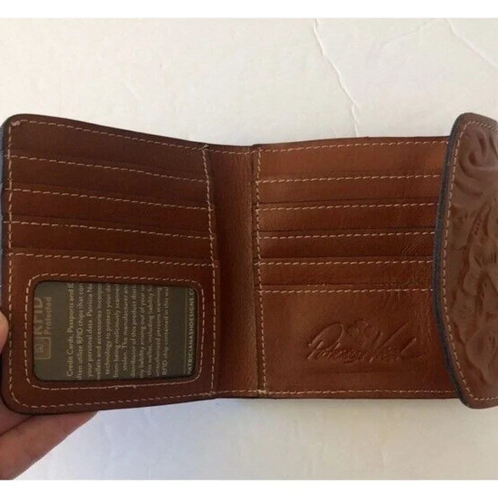 PATRICIA NASH Reiti Bi-Fold Tooled Cognac Brown Leather RFID Wallet NEW